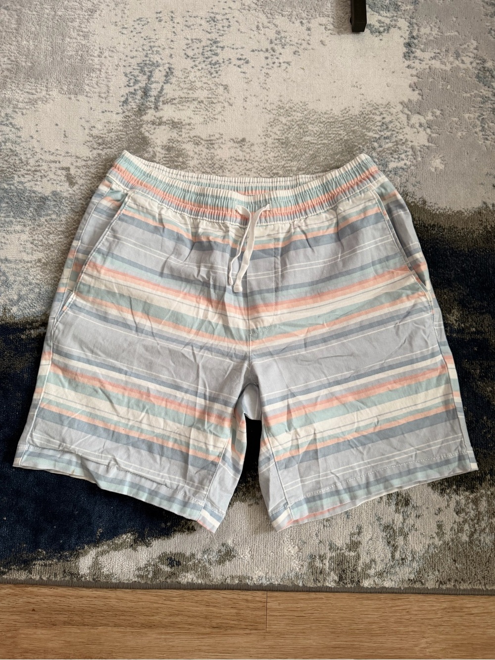 George Pastel Striped Elastic Waist Shorts in Light Blue and Peach